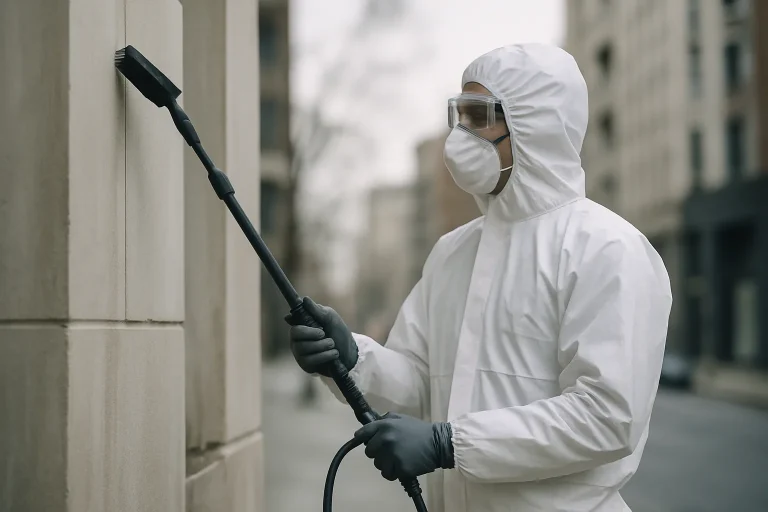 Technicien en tenue de protection nettoyant des fientes de pigeon sur une façade urbaine.