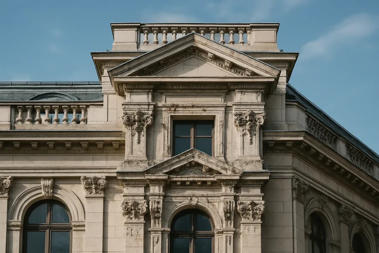 Façade de bâtiment historique ornée, tachée par des fientes de pigeon sous un ciel bleu.