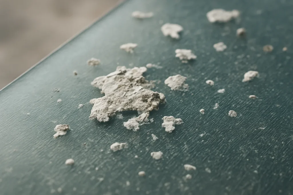 Gros plan d'une surface en verre avec des fientes de pigeons, lumière douce.