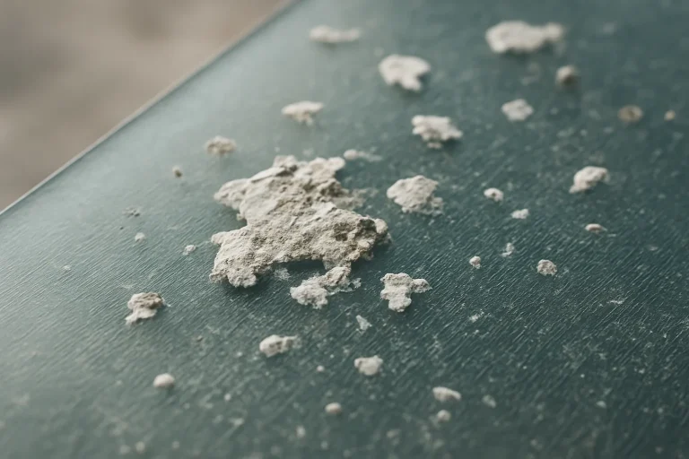 Gros plan d'une surface en verre avec des fientes de pigeons, lumière douce.