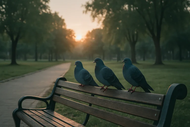 Scène matinale avec des pigeons sur un banc dans un parc urbain, éclairage doux