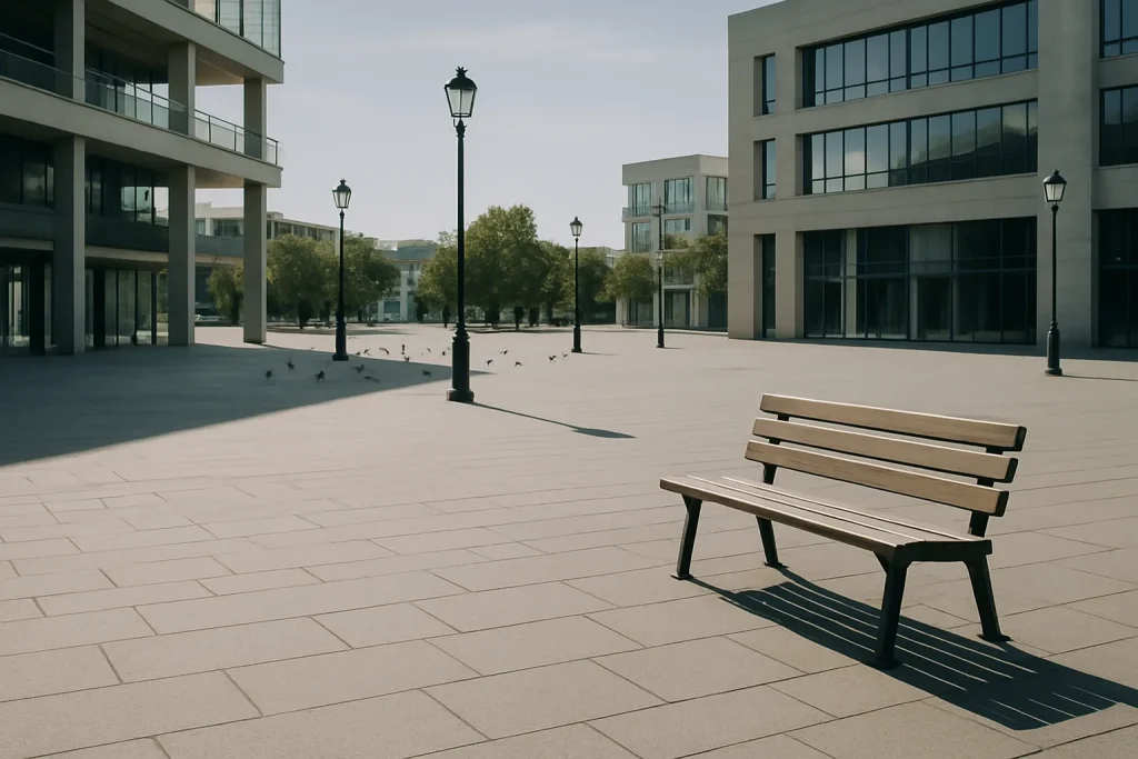 Place urbaine vide avec pigeons, architecture moderne, lumière vive