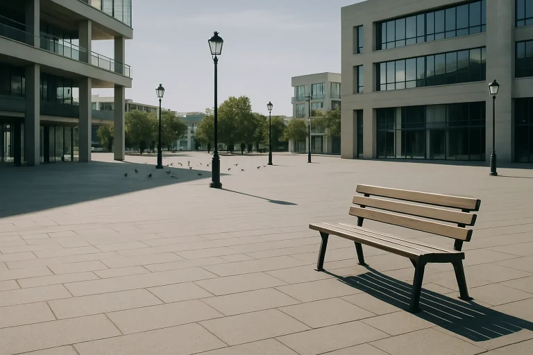 Place urbaine vide avec pigeons, architecture moderne, lumière vive