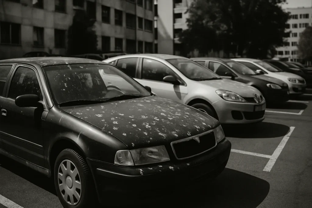 Parking urbain avec voitures couvertes de fientes de pigeon, lumière de jour.
