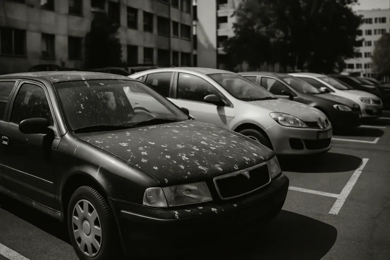 Parking urbain avec voitures couvertes de fientes de pigeon, lumière de jour.