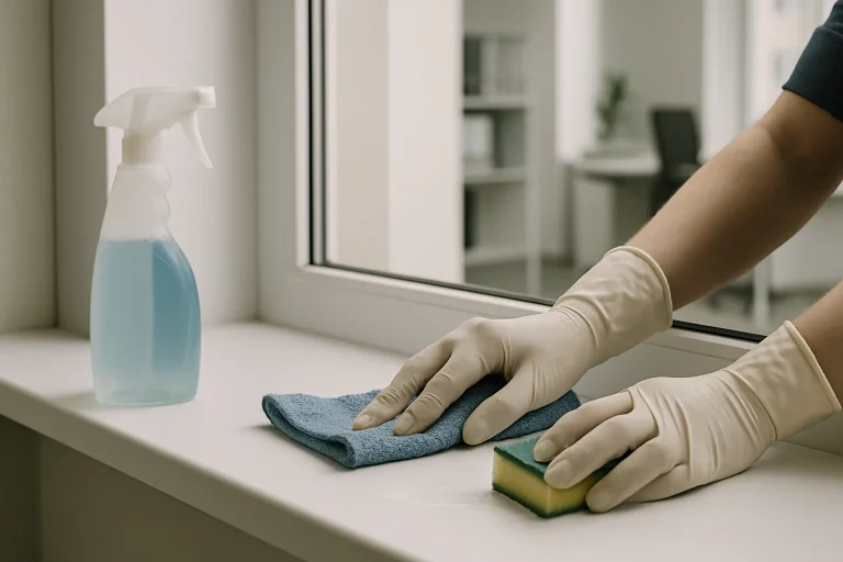 Mains gantées nettoyant des fientes de pigeon sur un rebord de fenêtre dans un bureau