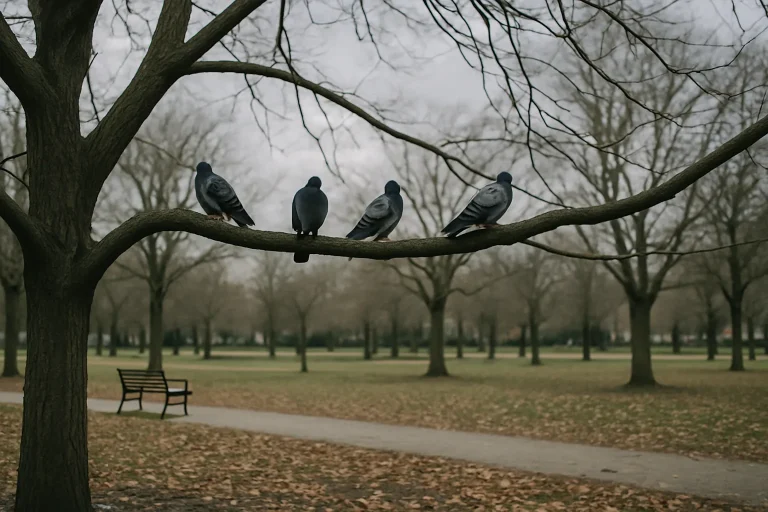 Pigeons perchés dans un parc urbain avec feuillage d'automne et ciel nuageux.