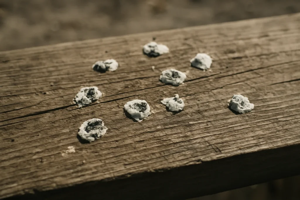 Planche de bois avec des marques de fientes de pigeon visibles sur la surface.