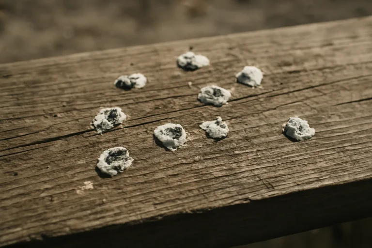 Planche de bois avec des marques de fientes de pigeon visibles sur la surface.