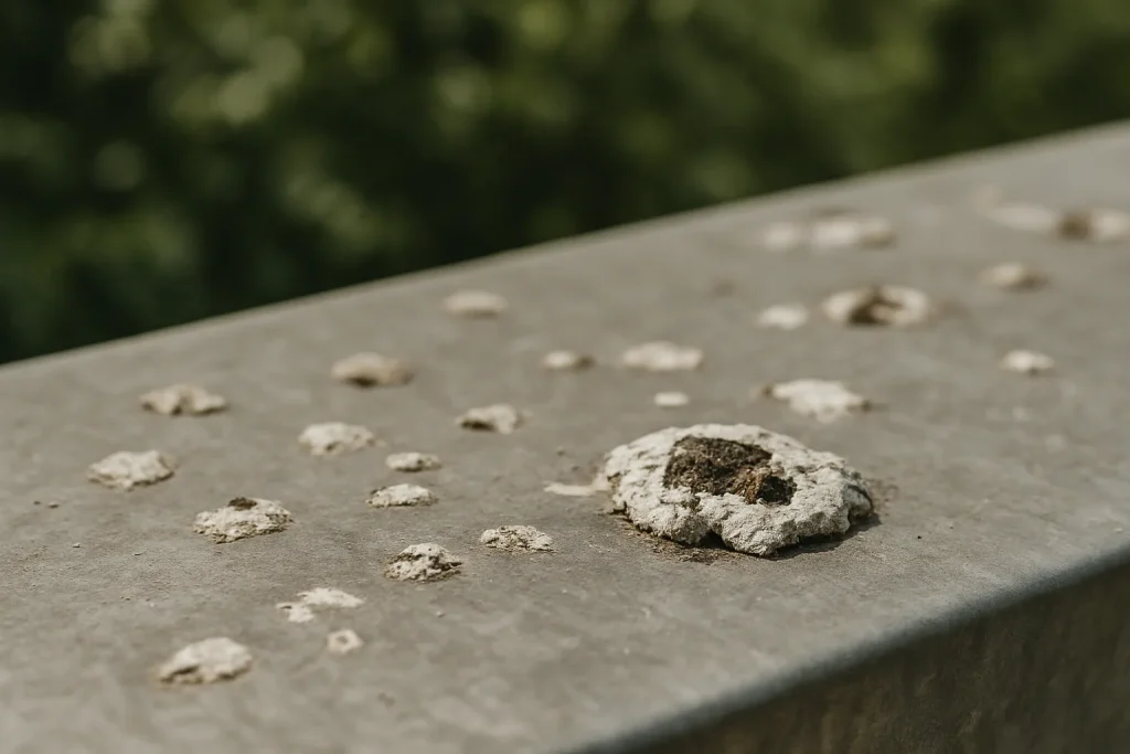 Gros plan de fientes de pigeon sur une surface métallique, avec texture visible.