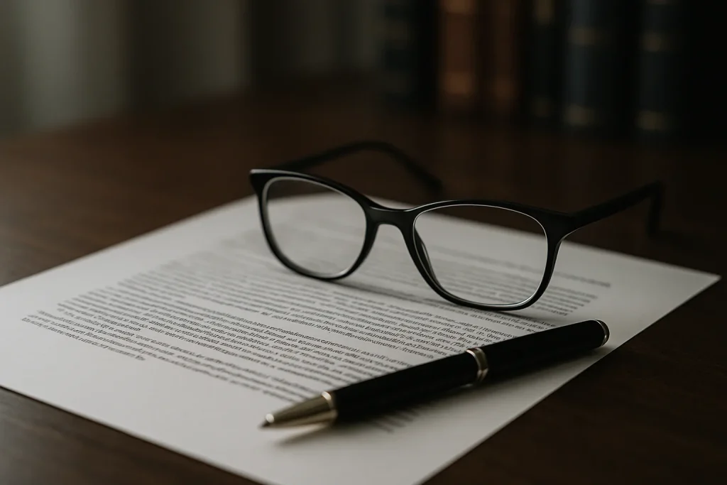 Document juridique avec lunettes et stylo, lumière douce, livres en arrière-plan.