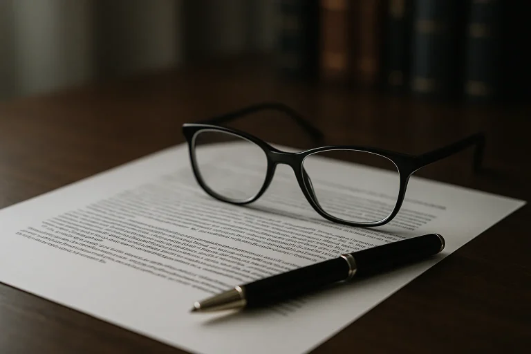 Document juridique avec lunettes et stylo, lumière douce, livres en arrière-plan.