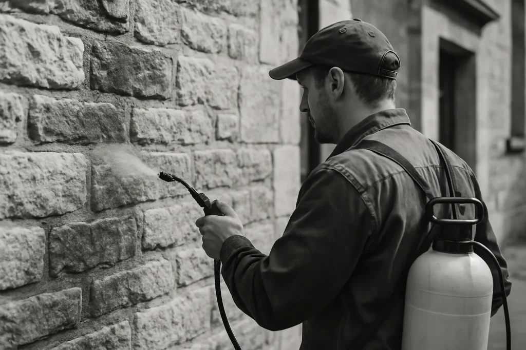 Technicien appliquant un traitement protecteur sur une façade en pierre, noir et blanc.