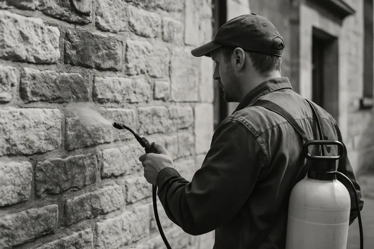 Technicien appliquant un traitement protecteur sur une façade en pierre, noir et blanc.