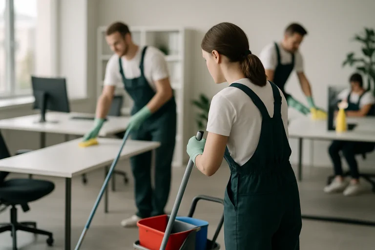 Équipe de nettoyage professionnelle travaillant dans un bureau moderne, lumière douce.