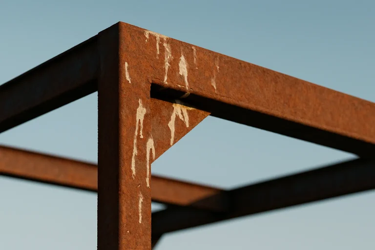 Structure métallique rouillée avec traces de fientes de pigeon sous un ciel bleu