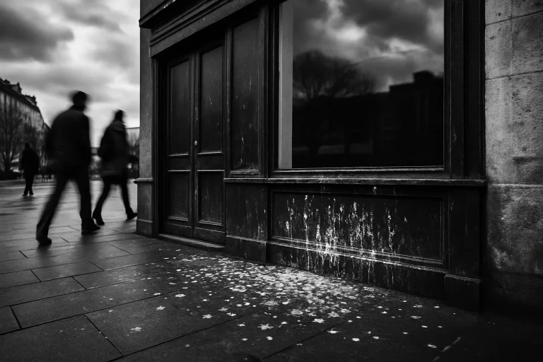 Façade de commerce avec fientes de pigeon au sol, passants flous en arrière-plan