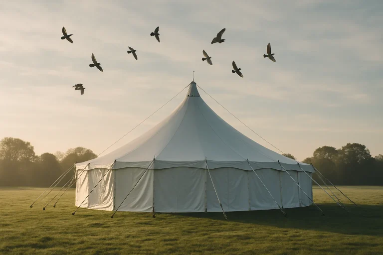 Chapiteau sur terrain herbeux, pigeons volant au-dessus, ciel nuageux