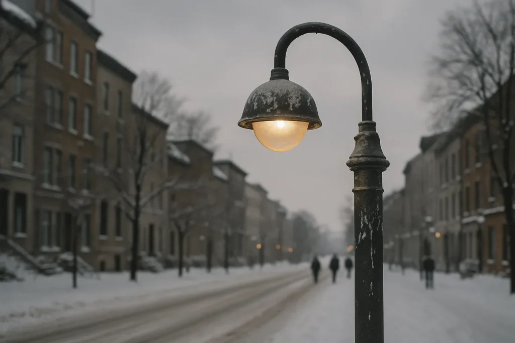 Lampadaire dans une rue enneigée, couvert de fientes de pigeon, ciel gris