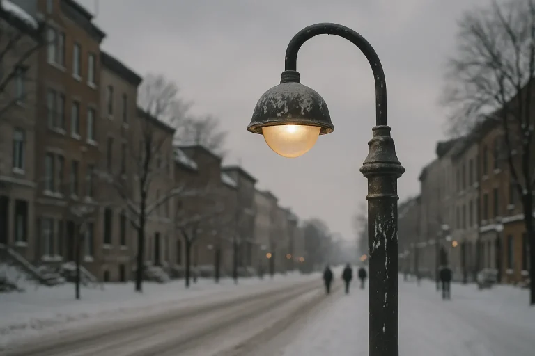 Lampadaire dans une rue enneigée, couvert de fientes de pigeon, ciel gris