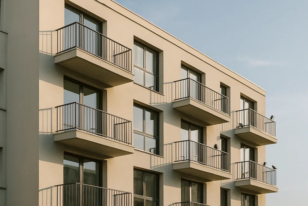 Façade d'immeuble moderne avec balcons et pigeons posés sous le ciel bleu