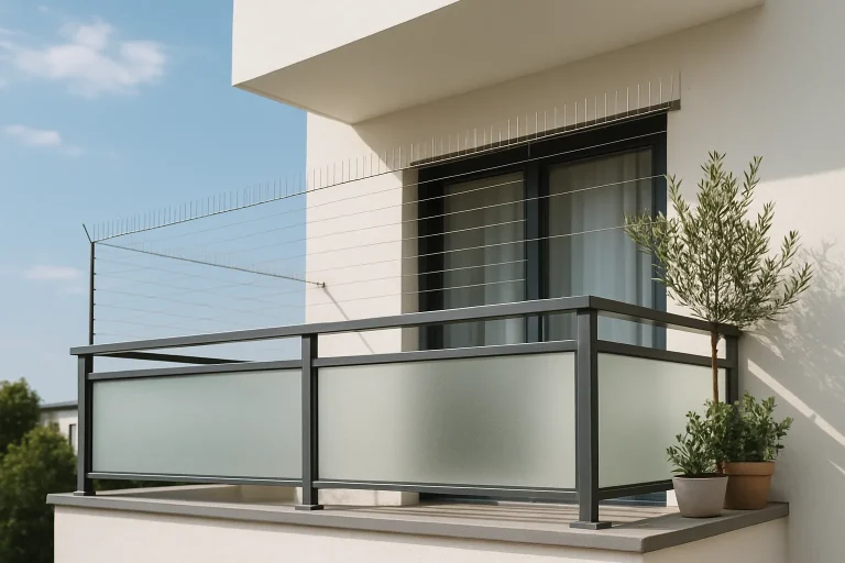 Balcon moderne avec barrières anti-oiseaux et plantes en pot sous un ciel bleu.