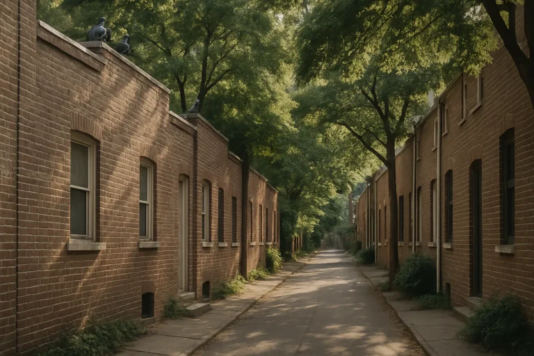 Ruelle résidentielle avec pigeons, arbres ombragés, lumière douce matinale.