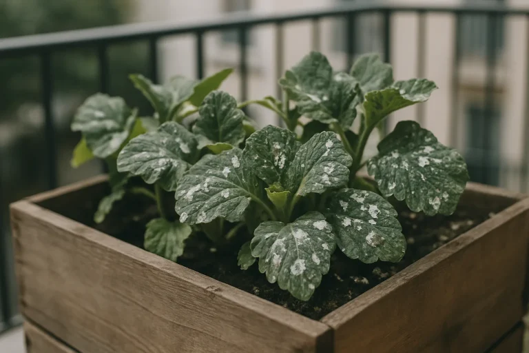 Jardinière en bois avec des plantes touchées par des fientes de pigeon, textures des feuilles visibles