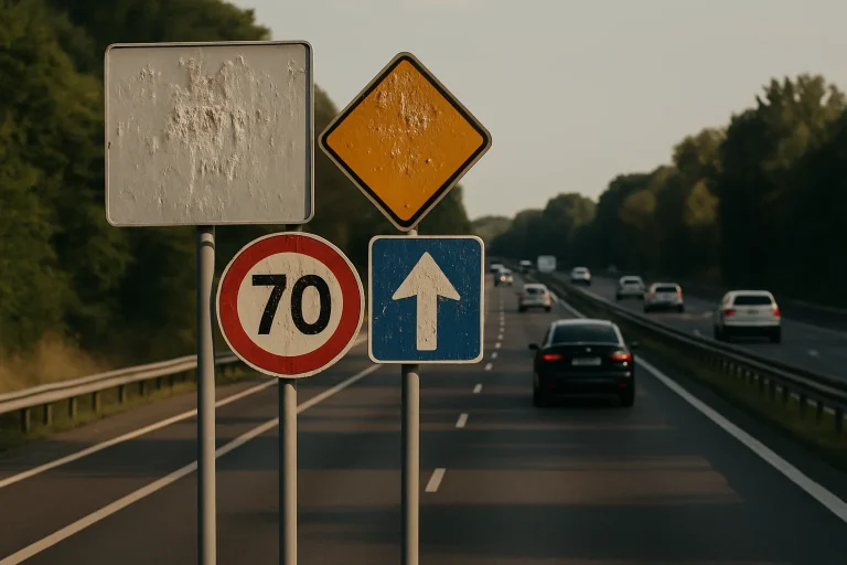 Panneaux de signalisation sur une autoroute avec fientes de pigeon visibles, lumière de fin d'après-midi