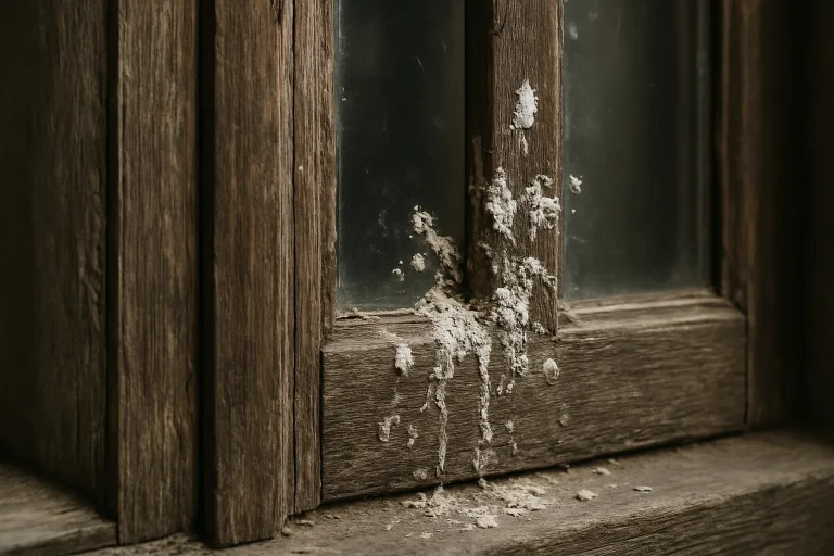 Gros plan sur une fenêtre en bois avec fientes de pigeon séchées, textures visibles.