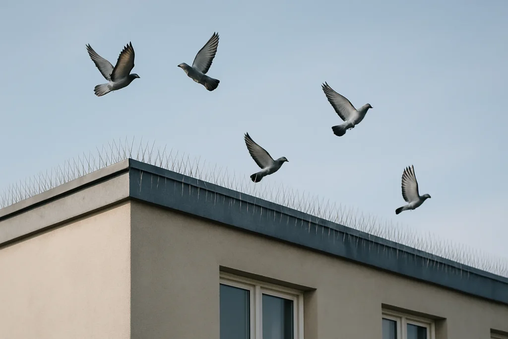 Vue d'un toit d'immeuble avec dispositifs anti-pigeons et pigeons en vol.