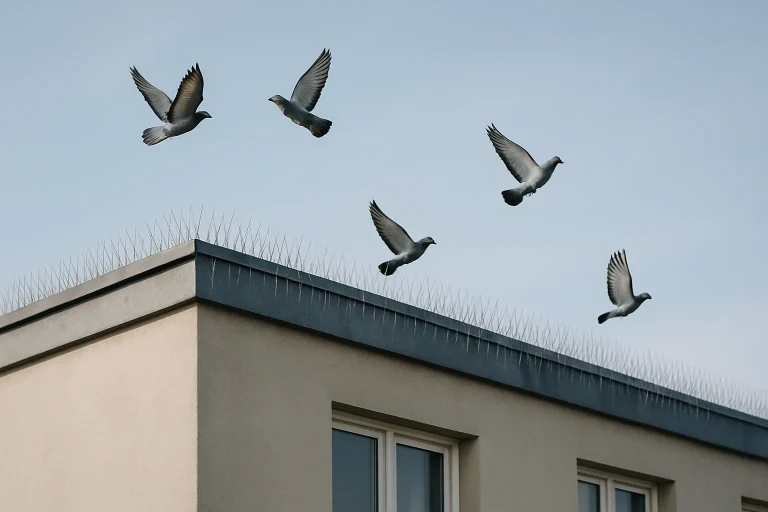 Vue d'un toit d'immeuble avec dispositifs anti-pigeons et pigeons en vol.