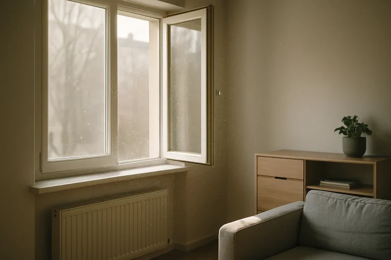 Fenêtre ouverte dans une pièce, lumière douce, poussières visibles dans l'air.