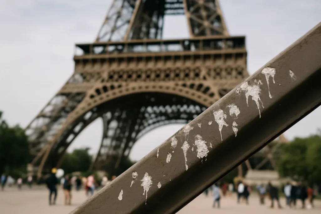 Vue d'un monument historique avec des fientes de pigeon visibles, touristes en arrière-plan