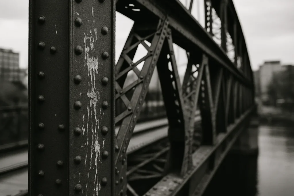 Pont métallique en noir et blanc avec traces de fientes de pigeon visibles sur la structure.