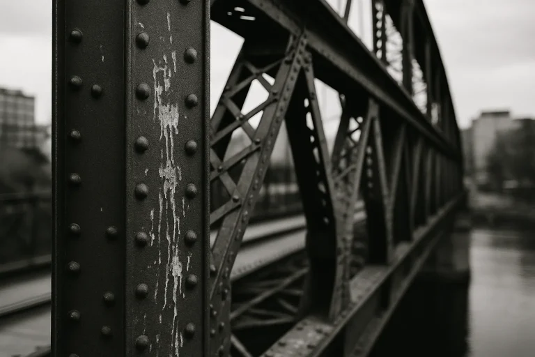 Pont métallique en noir et blanc avec traces de fientes de pigeon visibles sur la structure.