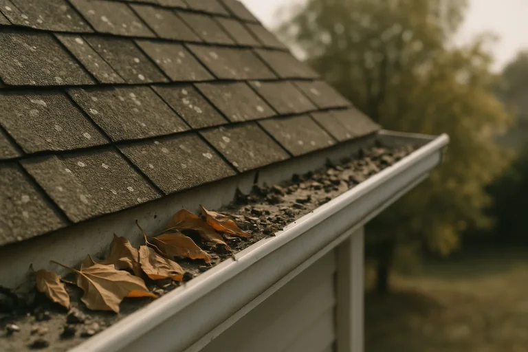 Gouttières obstruées par des fientes de pigeon et feuilles sur un toit.