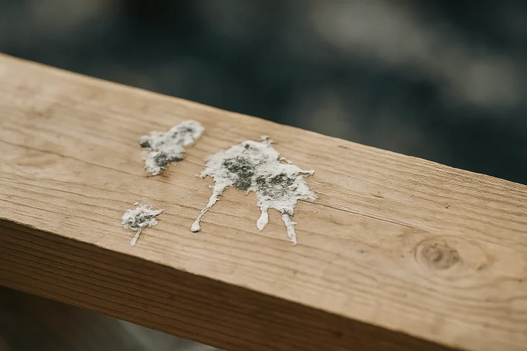 Gros plan d'un morceau de bois avec des traces de fientes de pigeon, détails visibles.
