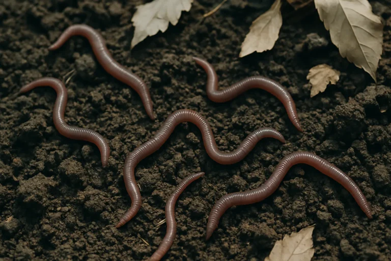 Gros plan de vers de terre sur un sol de jardin, aidant à la décomposition.
