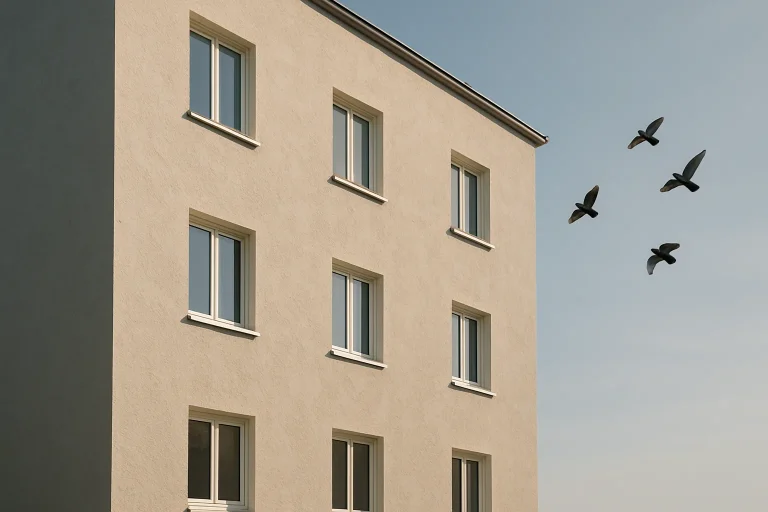 Façade d'un bâtiment avec peinture résistante aux fientes de pigeon, pigeons en vol.