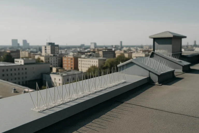 Toit d'une ville avec des dispositifs anti-pigeon installés, ciel clair en arrière-plan