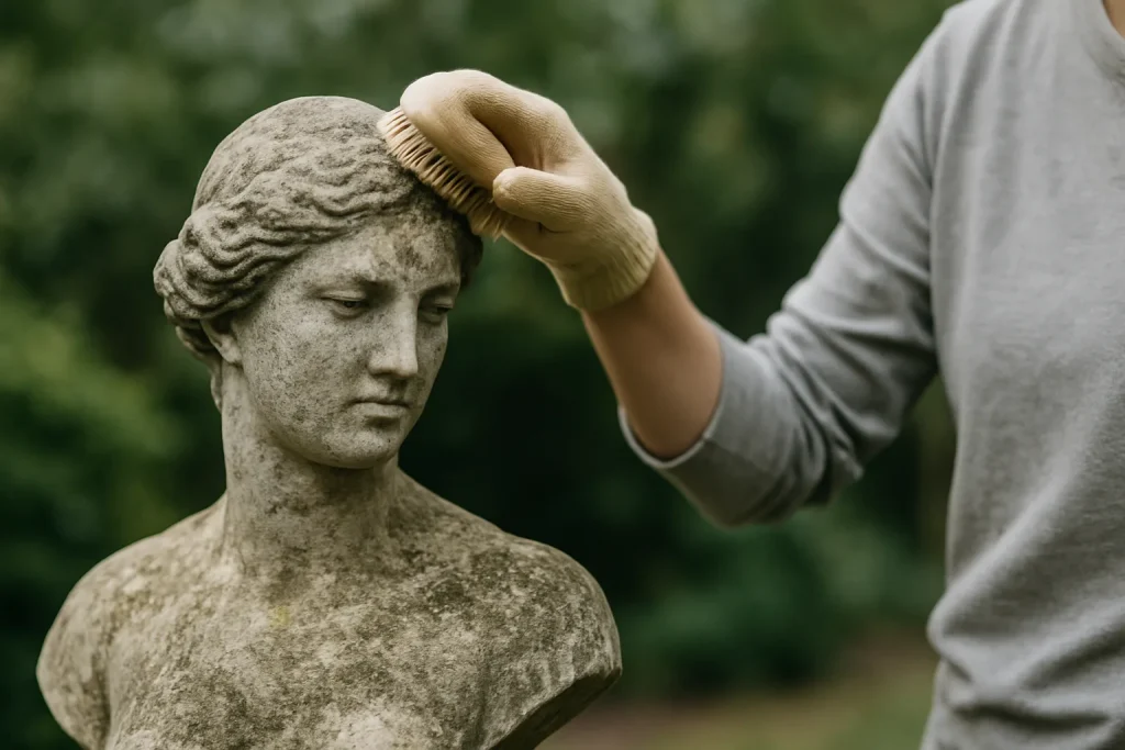 Personne nettoyant une statue en pierre avec une brosse, éclairage naturel.