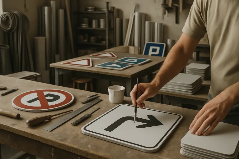 Atelier de fabrication de panneaux de signalisation avec outils et artisan au travail