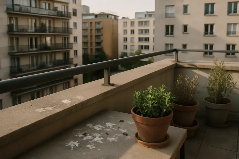Balcon urbain avec fientes de pigeon, plantes en pots, immeubles en arrière-plan