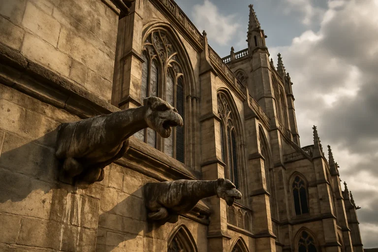 Cathédrale gothique sous ciel nuageux avec fientes de pigeon sur les gargouilles