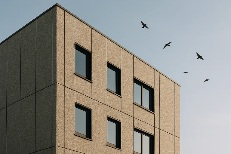 Façade de bâtiment moderne avec revêtement anti-fientes, ciel clair