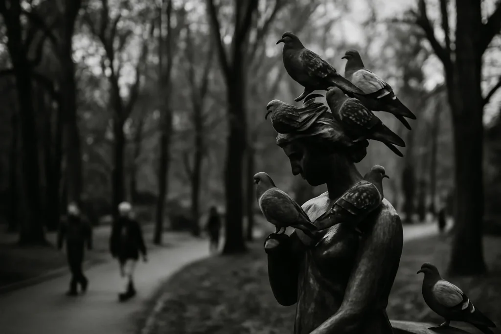 Des pigeons sur une statue dans un parc urbain, vue en noir et blanc avec arbres en arrière-plan.