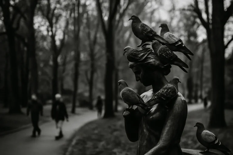 Des pigeons sur une statue dans un parc urbain, vue en noir et blanc avec arbres en arrière-plan.