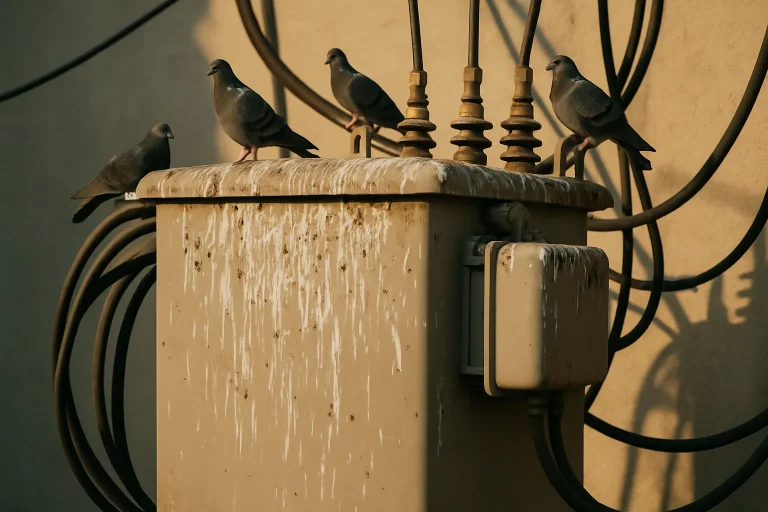 Transformateur électrique extérieur avec fientes de pigeon, câbles et boîtier visibles