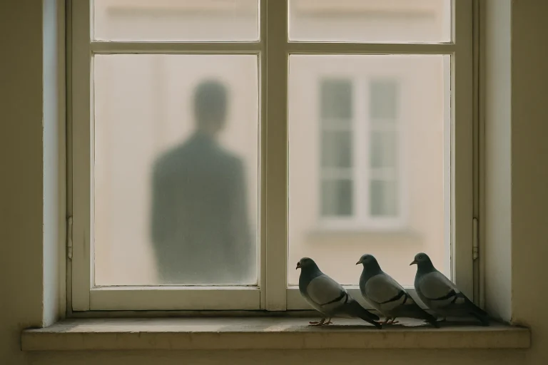 Silhouette floue d'une personne derrière une fenêtre avec des pigeons à l'extérieur.